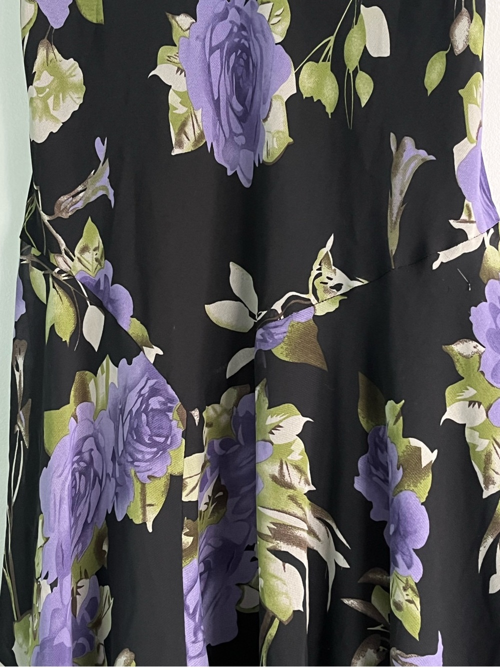90s Y2K Jessica Black & Purple Floral Whimsical Flowy Fairy Midi Cowl Neck Dress - Picture 8 of 16